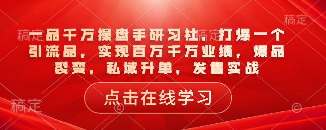 一品千万操盘手研习社，打爆一个引流品，实现百万千万业绩，爆品裂变，私域升单，发售实战-枫客网创